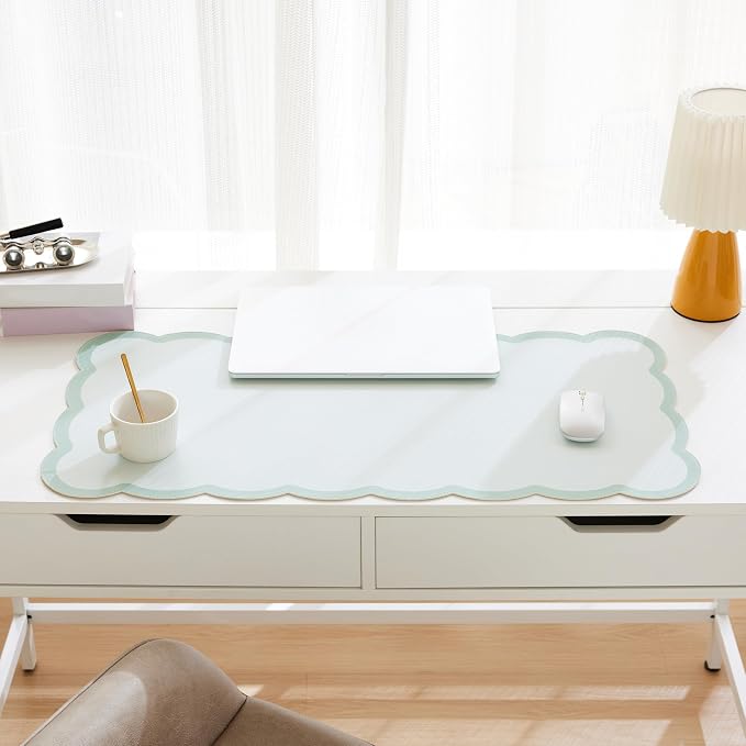 Scalloped Desk Mat, 31.5" x 15.7" Large Cute Aesthetic Desk Accessories, PU Leather Computer Laptop Desk Mouse Keyboard Pad, Desk Writing Mat for Vanity/Work/Home Decor (Sage, 31.5" x 15.7")