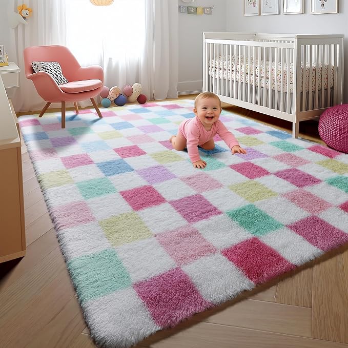 KICMOR Pink Rainbow Checkered Rug for Living Room, Fluffy Soft Colorful 5x8 Area Rug Fuzzy Shag Shaggy Bedroom Carpet, Cute Indoor Plush Rugs for Teen Kids Girls Dorm Nursery Home Decor Aesthetic