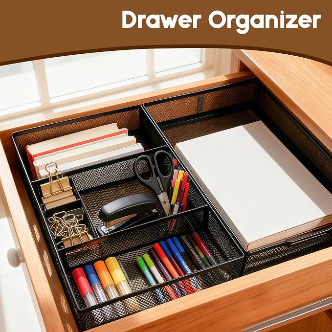 Yummy Sam 2 Pack Metal Mesh Office Desk Drawer Organizer Tray | Anti-Slip, 3 Compartments with Dividers, A4 Paper Large Letter Tray, for Desk, Home, Office Supplies, 12.2X8.8x2.1Inches