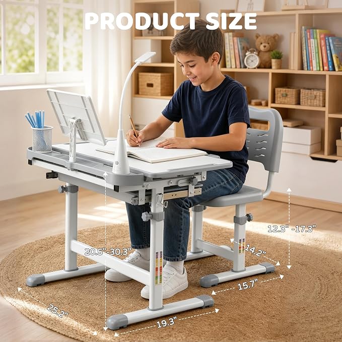 Diroan Kids Desk and Chair Set with LED Light, Height-Adjustable for Age 7+ | Ergonomic, Large 0‑45°desk, Sturdy steel frame, Storage drawer, Bookstand, Metal hook