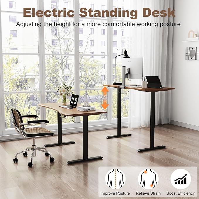 Solid Wood Electric Standing Desk 47.2"x23.6"Home Office Desk,Adjustable Workbench with 3 Stages Single Motor, Computer Workstation with T-Shaped Metal Bracket,Walnut Standing Desk for Gaming(1 Box)