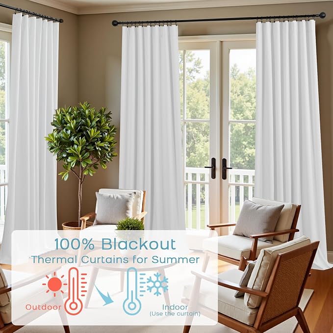 KOUFALL 132 Inch Tall Curtains for Large Window,Pleated Linen White Blackout 11FT 11 FT Curtains for Living Room 2 Panels Set