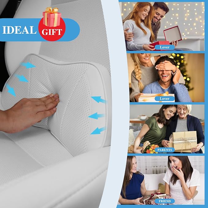 Car Lumbar Support Pillow for Driving Seat, White, 1 Pack | Leather Memory Foam Lumbar Cushion for Lower Back Pain Relief, Universal Back Support for Driving, Home & Office Chairs