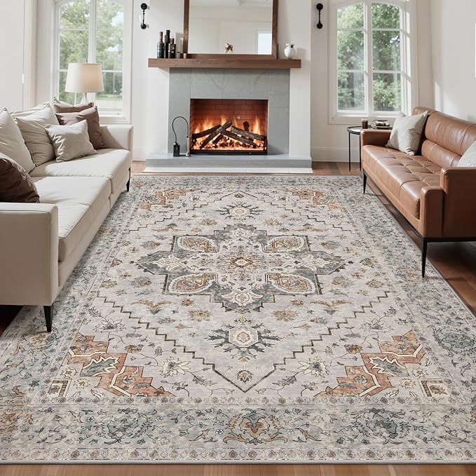 Tangsoo 8x10 Area Rug for Living Room, Washable Vintage Rugs Indoor Non Slip Large Area Rugs, Print Distressed Grey Carpet, Soft Low Pile Foldable Floor for Bedroom Dining Room Dorm