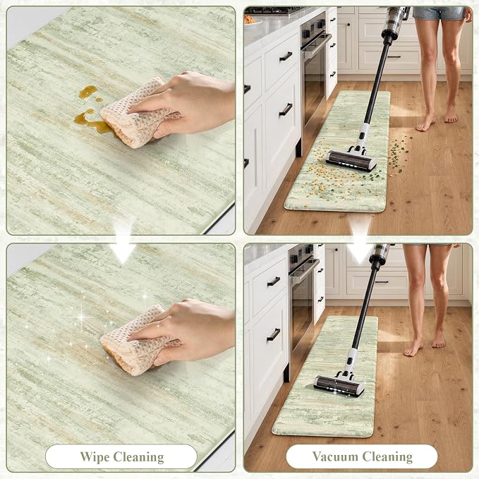 KIMODE Kitchen Mats for Floor, Light Green Aabstract Kitchen Rugs Sets of 2 | Anti Fatigue Mats for Kitchen Floor, Cushioned Kitchen Floor Mats,Comfort Bathroom Rugs for Sink Laundry Room 17"x47"+17"x29"