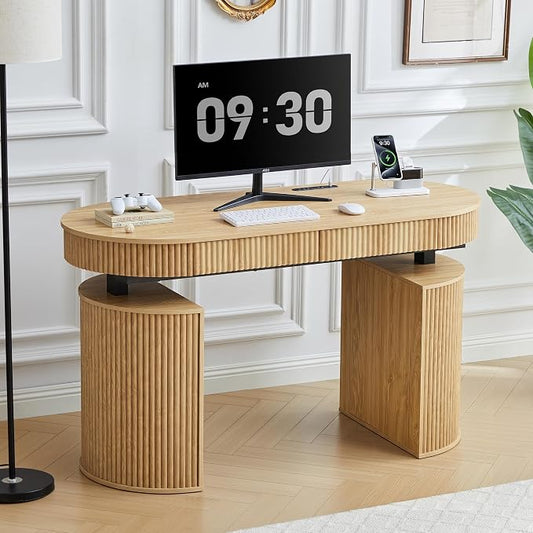 ORRD Electric Standing Desk with Storage and USB & Type-C Charging Ports, Adjustable Height Stand Up Desk, Mid Century Modern Fluted Workstation Desk for Home Office (Natural)