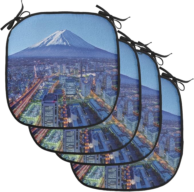 Lunarable Scenery Chair Cushion Pads Set of 4, Skyline of Mt. Hill and Yokohama Japan Financial District Mountain Volcano Landscape, Anti-Slip Seat Padding for Kitchen & Patio, 16"x16", Blue