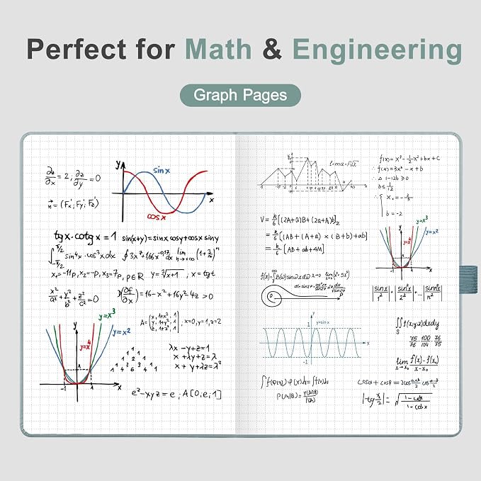 AHGXG Graph Grid Paper Notebook, 160 Pages, A5 Medium Size (5.7'' x 8.3''), 120 GSM Thick Paper, Leather Hardcover, for School, Students, Math, Engineering (Gray Blue)