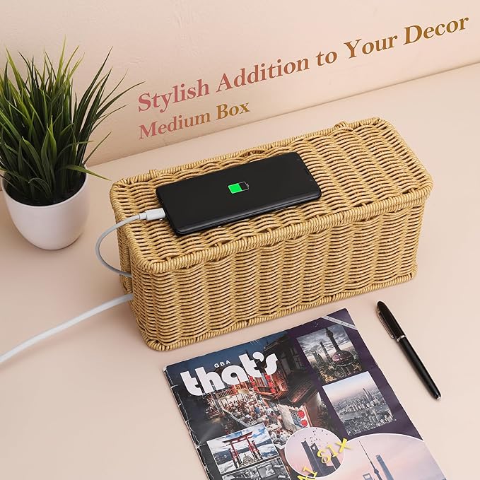 ZhiYo Rattan Cable Management Box, Brown Cord Organizer, 13.5" x 6.2" x 6" | Handwoven imitation rattan cord hider box conceals power strips and cables for a clean desk or floor setup
