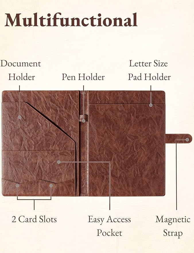 Mymazn Padfolio Portfolio Folder, Faux Leather Interview Resume Folder with Document Organizer & Business Card Holder, Letter-Sized Notepad Legal Pad Holder for Men Women (Brown)