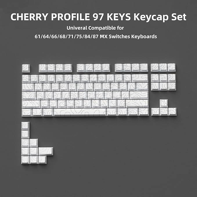 White Topographic PBT Keycaps,97 Key Caps Set Side Printed,No Tear & Fade Shine Through RGB Backlit Cherry Profile Keycaps (Ergonomic,Doubleshot) for 61/64/66/68/71/75/84/87 MX Mechanical Keyboards