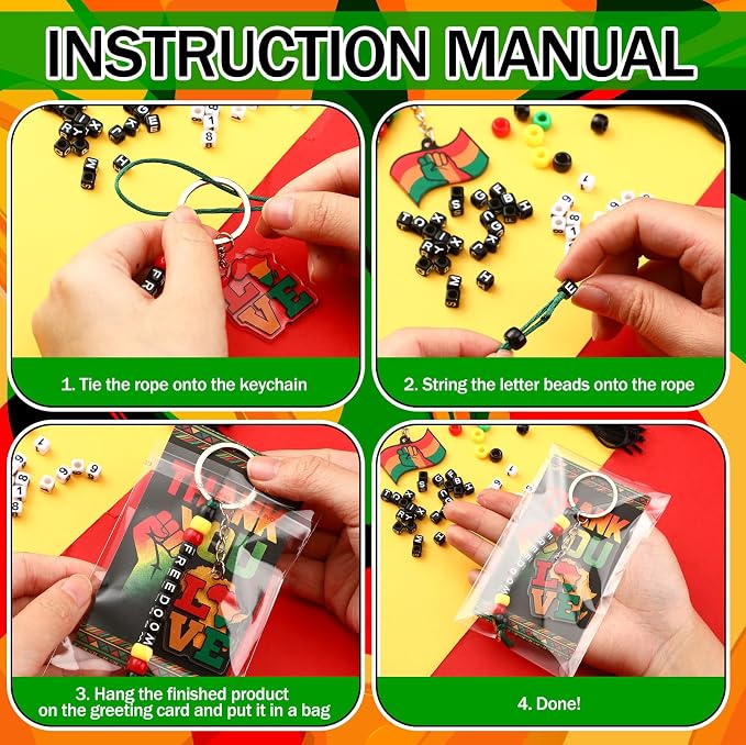 Suncalla 996 Pcs 24 Set Juneteenth Keychain Making Kit DIY 1865 Bead Key Chain Crafts Juneteenth Party Favor Freedom Independence Day Gift Adjustable Letter Card Strings Accessories(Red Yellow Green)