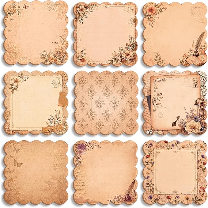 9 Pcs Scalloped Aesthetic Sticky Notes 3x3 Inch Vintage Colors Cute Wavy Self Sticky Note Pads Memo Pads for Journal School Office Supplies Decoupage Craft Stationery Gift (Vintage Brown)