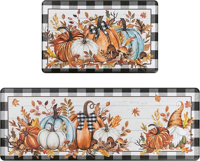 SHACOS Fall Anti Fatigue Kitchen Mats Pumpkins Gnome 17x27.5+17x47 | Orange Maple Black White Checkered Autumn Harvest Cushioned Kitchen Rugs Sets of 2 Non Slip Kitchen Floor Mat