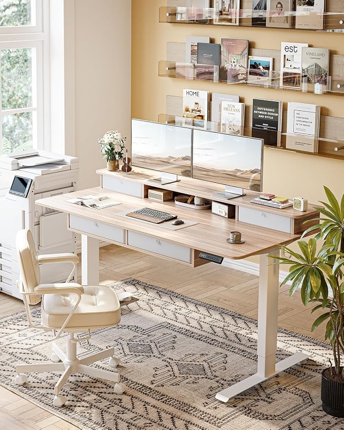 CubiCubi 60" x 30" Standing Desk with Drawers, Height Adjustable Electric Workstation, Computer Sit Stand Up Table with Large Storage Shelf 4 Drawers and 2 Hooks, Light Rustic Brown