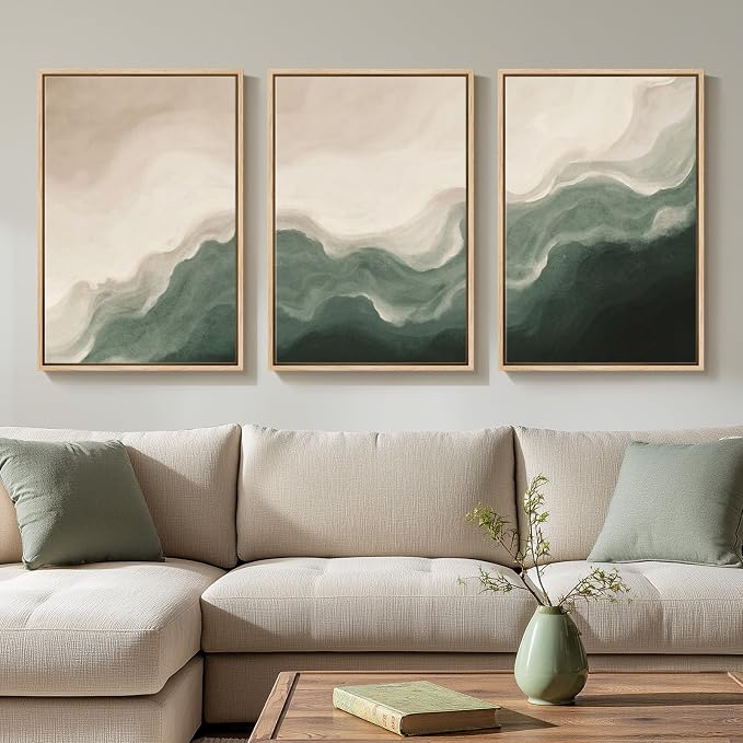 Framed Green and Beige Abstract Wall Art Set of 3, Modern Neutral Canvas Prints Paintings Artwork for Walls, Minimalist Abstract Pictures for Bedroom Dining Room Living Room Wall Decor 16x24 In