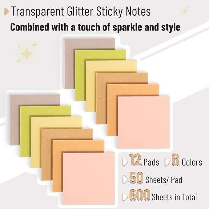 Mr. Pen- Transparent Glitter Sticky Notes, 3”x3”, 12 Pads, 600 Sheets | Glitter Transparent Note Pads, Self-Stick Bible Journaling Sticky Note for Women, Bible Journaling Supplies