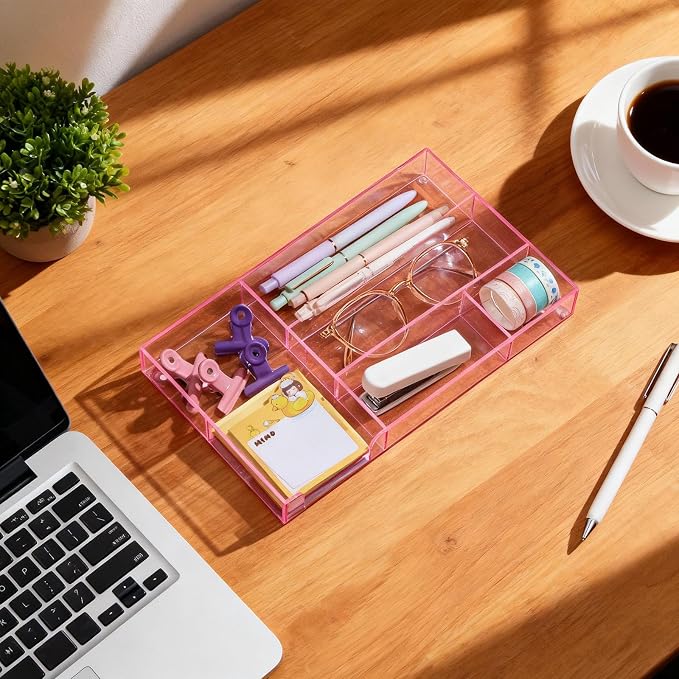 Briwooody Pink Acrylic Drawer Organizer,6 Compartments,Small | 11 x 6.1 x 1.38 Inch Desk Storage Tray Organizer for Pen, Stationery, Desktop, Office, Bathroom, Kitchen, Makeup Supplies