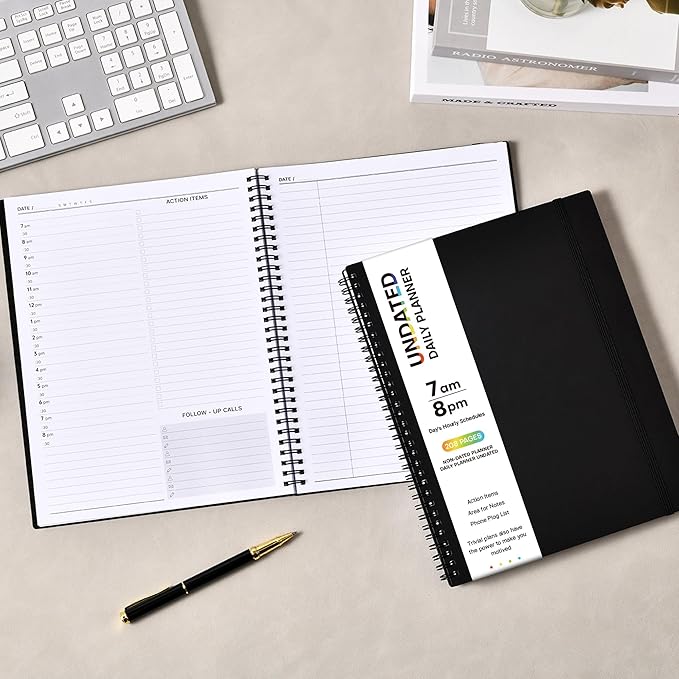 Daily Planner Undated - Spiral Appointment Planners, 208 Pages, 8.8" x 11", Daily Planner with Hourly Schedules, Appointment Book for Man/Women, Inner Pocket, Elastic Closure