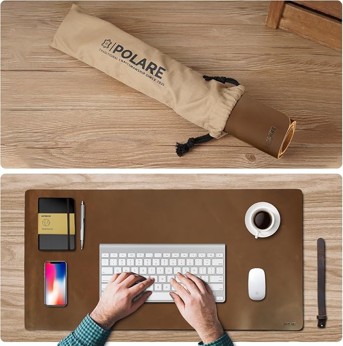 Polare 2mm Thick Full Grain Leather Desk Pad Protector 31.5 x 15.7 inch Desktop Blotter Mats for Keyboard and Mouse Non-Slip Desk Writing Pad for Office and Home (Brown)