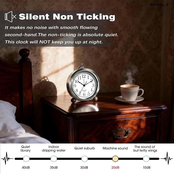 AYRELY® 5.3" Vintage Metal Analog Alarm Clock, Retro Desk and Table Clock | Antique Battery Operated Clock with Light, Elegant Bedside Gift for Bedrooms, Living Rooms, Shellf and Home Decor (Gold)