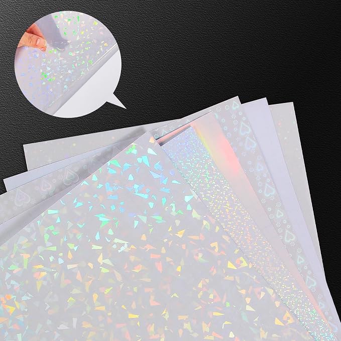 36 Sheets Holographic Laminate Sheets 8.5x11 inch 6 Patterns | Transparent Self Adhesive Holographic laminating Sheets, Clear Vinyl Waterproof Overlay for Sticker Paper, Photos, Crafts