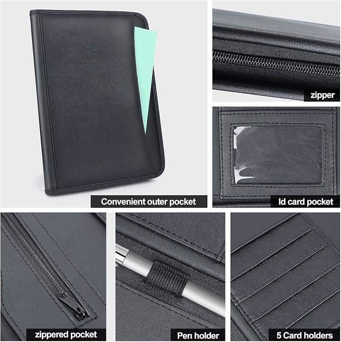 Zippered Padfolio Portfolio Binder, Leather Business Portfolio, & 8.5 x 11 Legal Pad, Office Supplies Organizer, Black Zippered Pocket, Planners, Resume, Briefcase for Travel and Interview