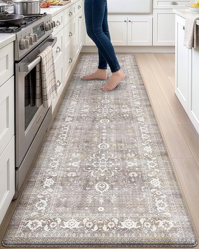 DEXI Kitchen Floor Mats Cushioned Anti Fatigue, 23x107 Long Wide Standing Comfort Runner Rug, Waterproof Retro Floral Memory Foam Padded for Front Sink Laundry, Beige Grey