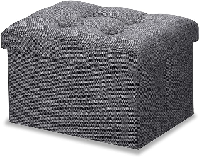 LINMAGCO Ottoman Storage Ottoman with Storage Small Foot Rest Stool Under Desk Stool Short Folding Footrest Linen Cloth Dark Gray 16X12X12IN