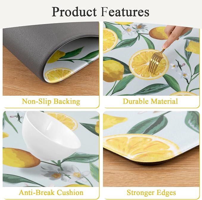 SHACOS Anti Fatigue Lemon Kitchen Rugs Mats Set of 2 Pieces Non Slip Soft Cushioned Standing Mat and Runner Wipeable Waterproof Floor Mat, 17"x27.5"+17"x47", Light Blue