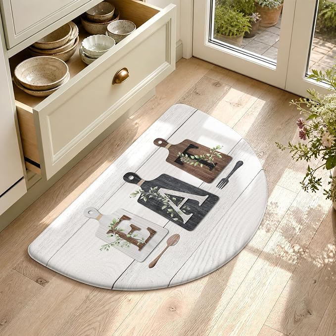 KIMODE Half Circle Anti Fatigue Mats for Cushioned Kitchen Mats for Floor | 18"x28",Grey,Country Vintage,Non Slip,Kitchen Mats Waterproof,Memory Foam,Comfort, Half Round Small Standing Mat Decor