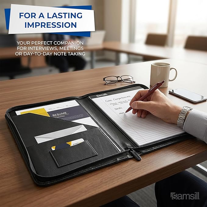 Samsill Contrast Stitch Leather Zippered Portfolio Folder/Business Portfolio for Men and Women, Resume/Document Organizer with Writing Pad, Black (71720)