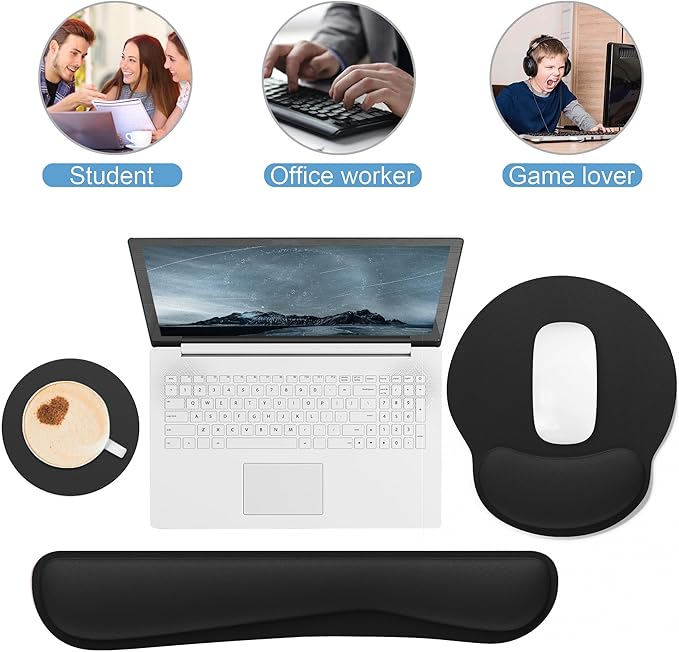 Ergonomic Mouse Pad with Wrist Rest and Keyboard Wrist Rest, Mousepad and Wrist Rest for Computer Keyboard, Pain Relief, Non-Slip Rubber Base, Mouse Pad with Wrist Support for Gaming, Office, Black