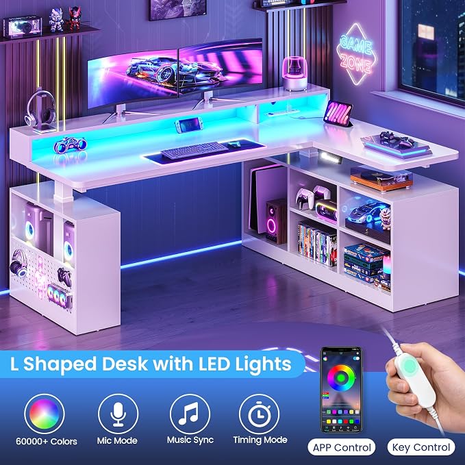SEDETA L Shaped Electric Standing Desk, 63 inch Height Adjustable Corner Computer Desk with Storage Shelves and LED Lights, Corner Gaming Desk with Power Outlet and Pegboard for Home Office, White