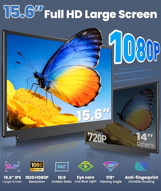 15.6" Detachable Laptop Screen Extender, Ultra-Light Portable Monitor, FHD 1080P Dual Monitor for 14"-17.3" Laptops, Plug & Play Travel Monitor, Compatible with Windows, Mac, ChromeOS, PS5