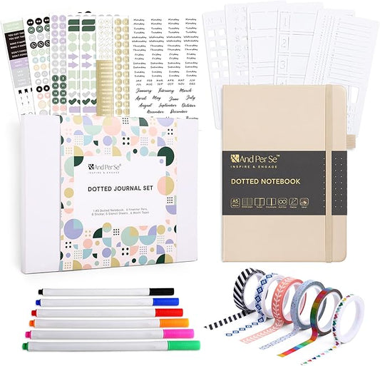 &And Per Se A5 Hardcover Dotted Notebook with 25+ Accessories - 6 Pens, Stickers, Stencils, Washi Tapes & Gift Box Included | Dotted Journal Kit for Beginners, Adults (Light Apricot)