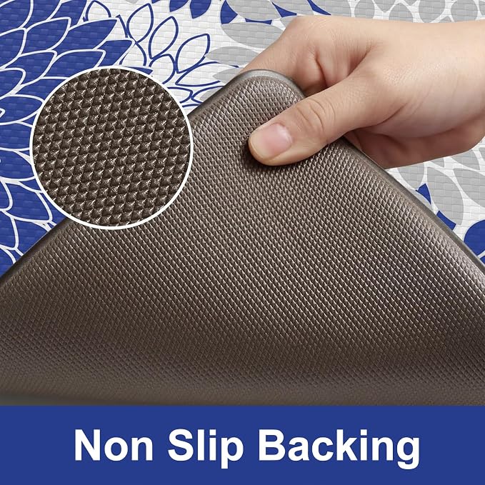 KIMODE Anti Fatigue Mats for Kitchen Floor Cushioned Kitchen Rugs Sets of 2 | 17"x47"+17"x29",Blue,Dahlia Floral Boho,Non Slip Rubber Backing,Waterproof,Wipe Clean,Standing Mat for Office Laundry Sink