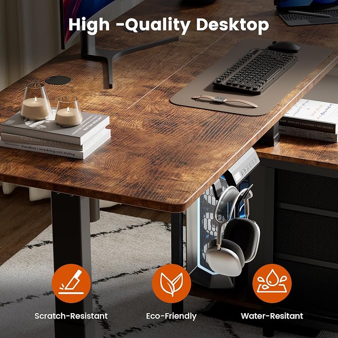 REAHOME 55 Inch Rustice Brown Height Adjustable Standing Desk with Drawers | Dual Motor Sit-Stand Frame With 3 Memory Presets, Printer Cabinet, Hooks & Cable Management For Home Office Gaming Desk