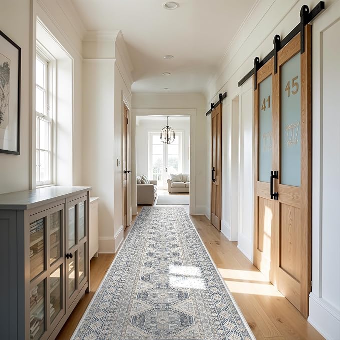 3x16 Runner Rug Kitchen Washable:Oriental Indoor Hallway Runners with Non Slip Backing Floor Mat for Entryway Door Low Pile Thin Carpet for Bedroom Bathroom Living Room Bedside (Blue, 3x16)