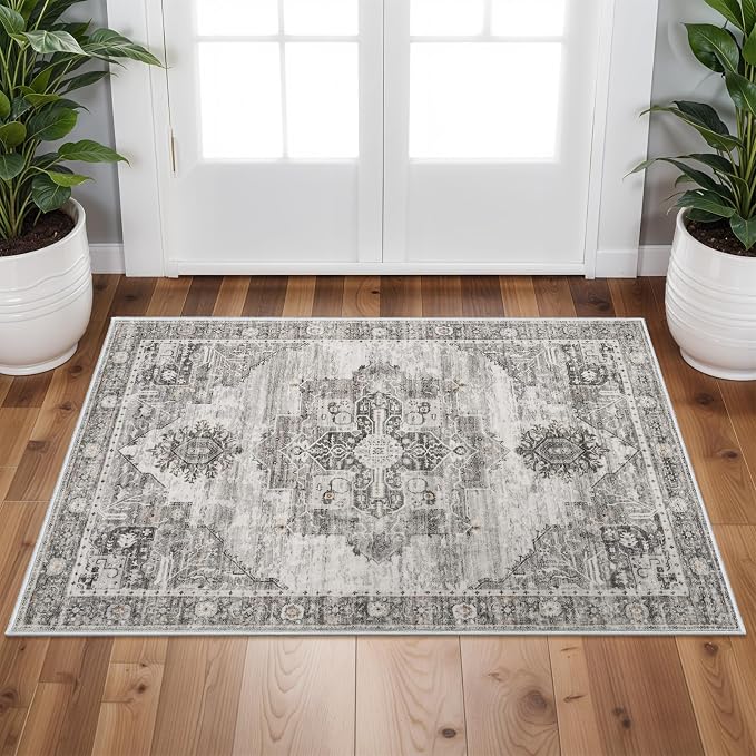 RUUGME Washable 2x3 Area Rugs - Large Boho Rugs for Living Room Stain Resistant Carpet Vintage Tribal Rugs for Bedroom Kitchen Bathroom with Non Slip Backing Home Decor Floor Decoration Mat 2x3 Grey