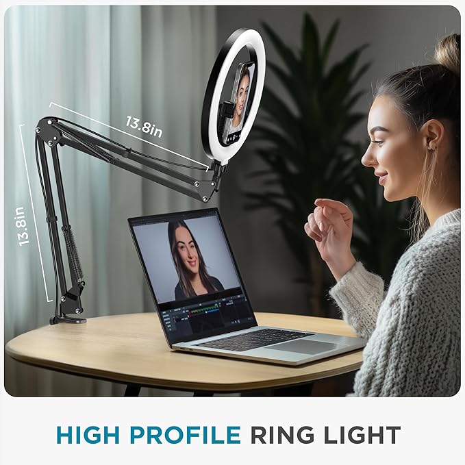 InnoGear Overhead Phone Mount with Ring Light, 10" LED Selfie Ring Light for Desk with Phone Holder and Remote Canvas Lamp Light for YouTube Live Stream Cooking Video Recording Vlog Zoom, Medium