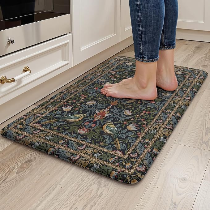 KIMODE Kitchen Mats for Floor Anti Fatigue,Cushioned Sink Rug | 17.3"x29",Navy Blue Green,Floral Vintage Sink Rug Non Slip for Laundry,Memory Foam Padded Standing Desk Mat for Office Rug