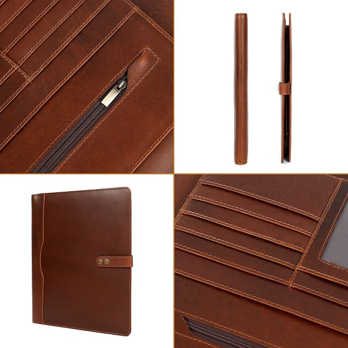 ELIZO Leather Portfolio Padfolio Leather Binder Folder for Men and Women Professional Business Portfolio Organizer Men and Women Antique Letter Strap