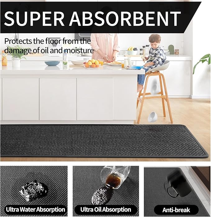 YDKGL Kitchen Mats for Floor, Super Absorbent Kitchen Rugs Non Slip Washable, Soft Imitation Linen Braided Kitchen Runner Rug, Standing Mat Kitchens Sink Mat, Easy to Clean, Black 17x95