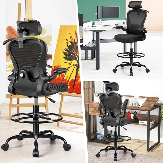 AtHope Drafting Chair, Tall Office Chair with 3D Lumbar & Head Support | Ergonomic Mesh Standing Desk Chair with Footrest Ring, Comfy Extended High Desk Chair with Flip-Up Arms & Hanger, Black