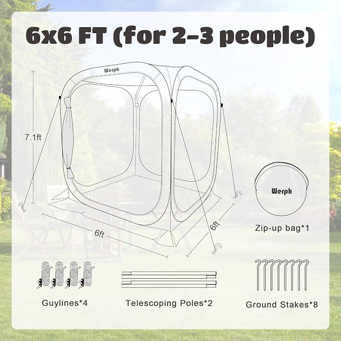Werph 6x6 Pop-Up Screen Tent, Mosquito Net Gazebo, UV Resistant, Green | Roof Waterproof Screen Canopy, Quick Setup Outdoor Shelter for Backyard, Patio, Garden, Picnic, Camping and Events