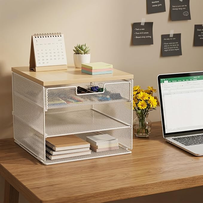 4-Tier Mesh Desk Organizer and Accessories with Drawer Wooden Top Desktop Organizers Letter Tray Paper Organizer File Holder for Home Office School White