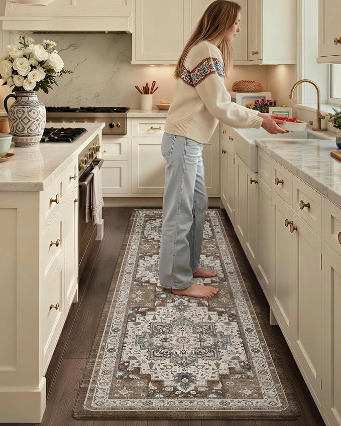Color&Geometry Kitchen Floor Mat 24x87 Faded Vintage Anti Fatigue, Brown | 0.4in Cushion Standing Mat For Cooking/Working/Laundry, Boho Decor, Non Slip PVC Kitchen Rug, Oil/Water Proof, Anti Slip