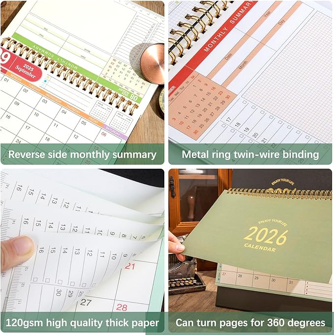 Small Desk Calendar 2026, Standing Flip Desktop Calendar from January 2026 to June 2027 - Metal Ring Twin-Wire Binding Monthly Desktop Calendar for Home Office School (Green)