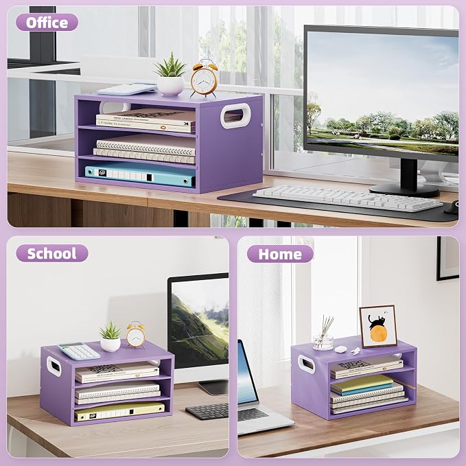 Marbrasse 3 Tier Wood Desk Organizer, Paper Letter Tray Organizer，Purple | Wooden Desktop File Organizer with Handle and Paper Sorter Mail Holder for Office School & Home Supplies Organization